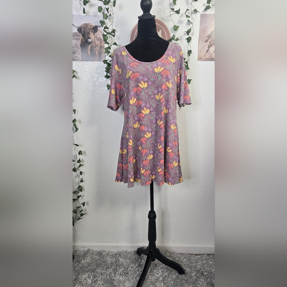 LuLaRoe Pink and Yellow Asymmetrical Blouse with Short Sleeves